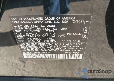 2024 Volkswagen Atlas Se из США, поврежденный, VIN 1V2WR2CA5RC548831